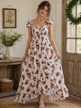 Bongo women’s floral off shoulder Cottagecore Boho Maxi Dress in Size L.